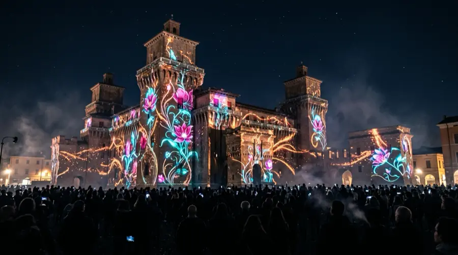 Un castello con torri coperte da fiori di luce, davanti a una folla.