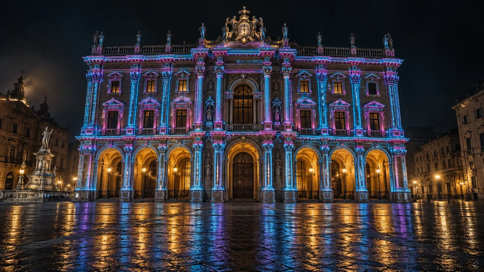 Videomapping su un palazzo barocco di notte: le cornici tracciate da linee di luce ciano e magenta, gli archi accesi d'ambra.