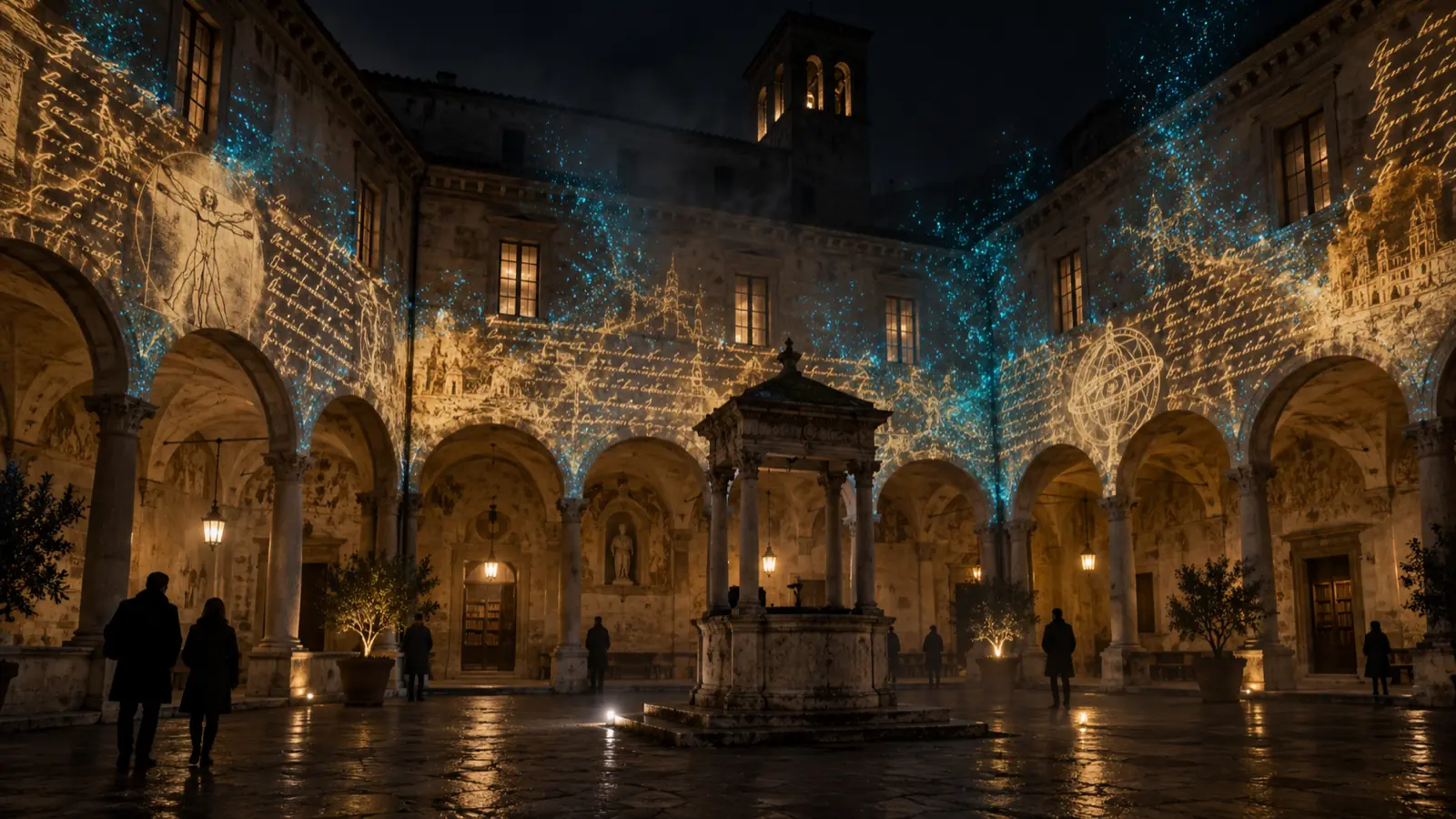 Il chiostro di una biblioteca storica: sugli archi scorrono pagine e disegni fatti di luce ambra.