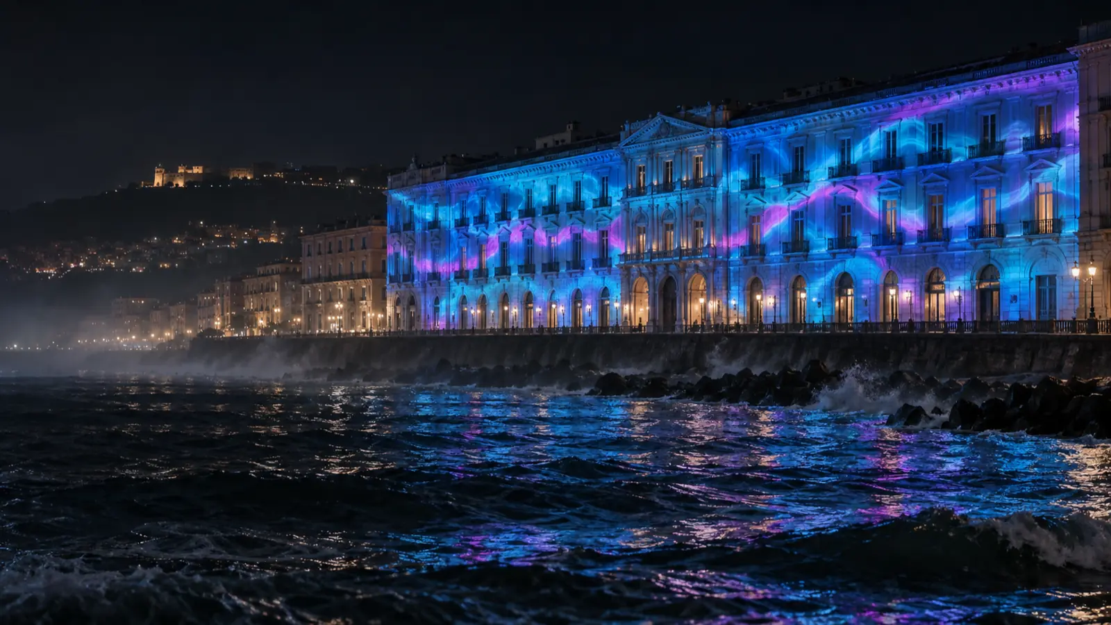 Un edificio storico sul lungomare attraversato da onde di luce ciano che si riflettono nel mare.