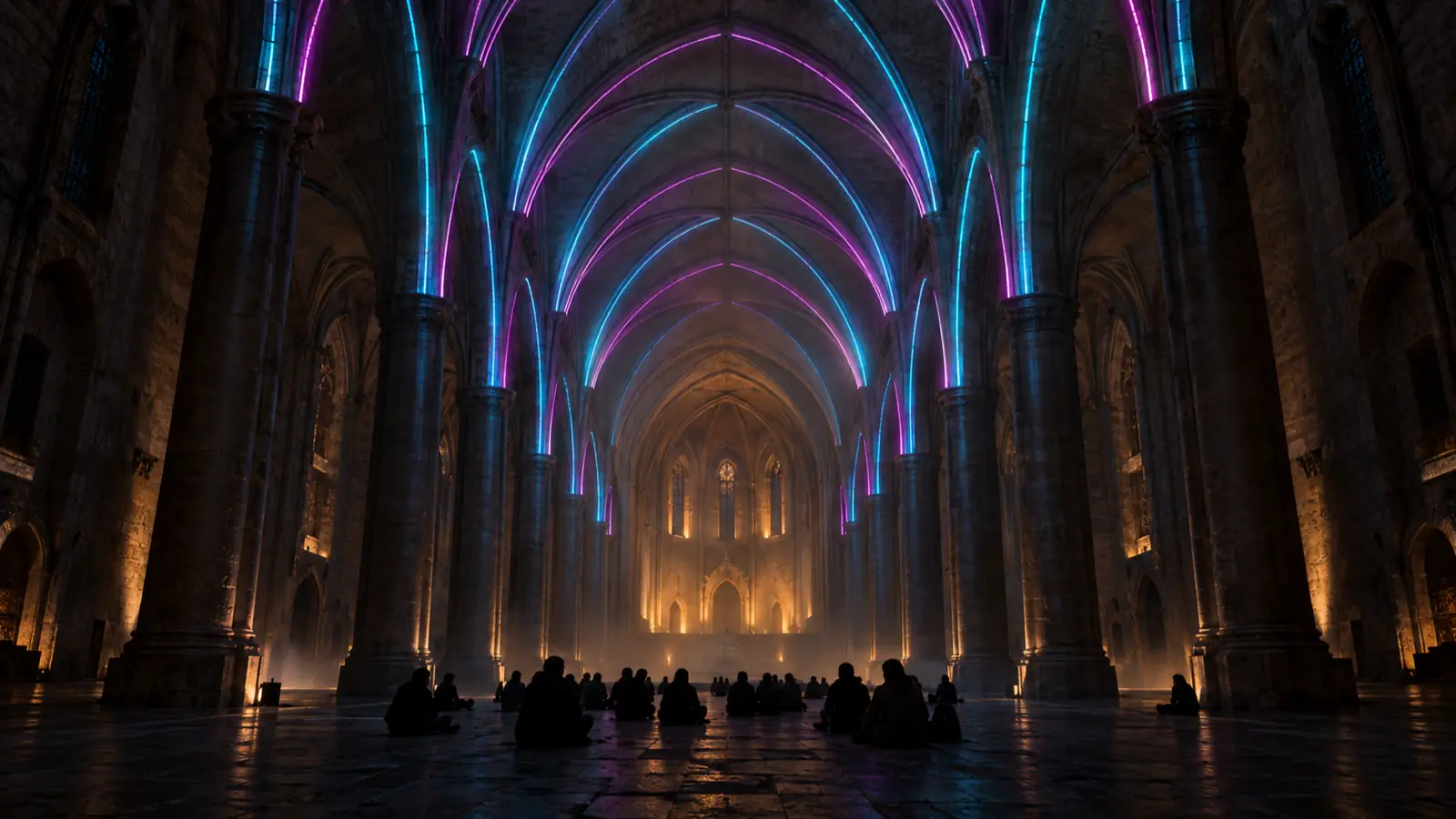 La navata di una chiesa sconsacrata: anelli di luce percorrono le nervature delle volte, il pubblico seduto al centro.