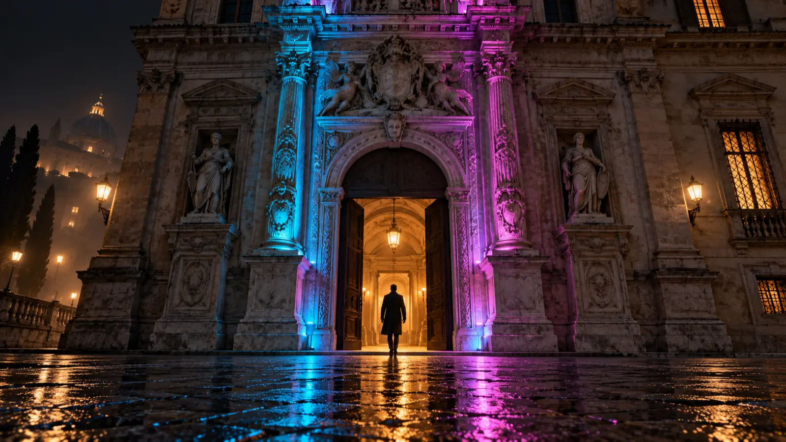 Una figura attraversa il portale di un palazzo storico e una scia di luce sale lungo la facciata.