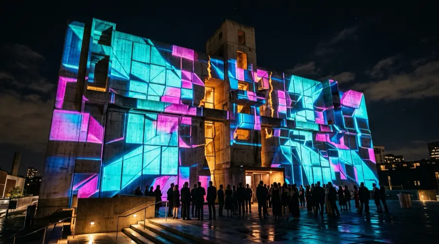 Un edificio in cemento coperto da pannelli di luce ciano e magenta, con ospiti alla base.