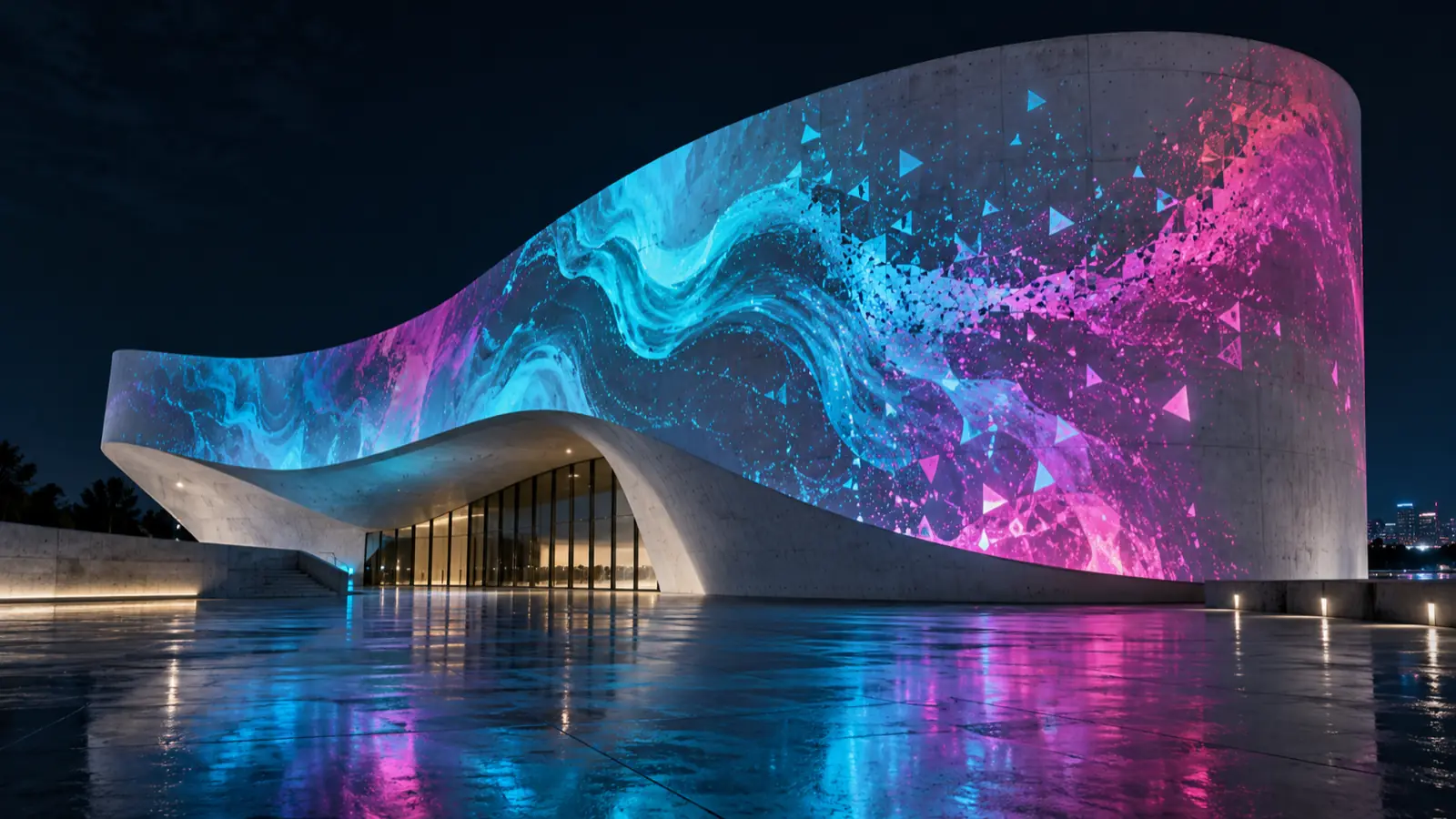 Un museo contemporaneo dalla facciata curva attraversata da onde di luce liquida.
