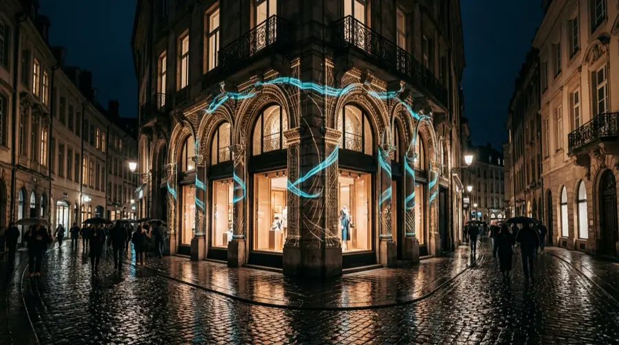 La facciata di una boutique storica avvolta da nastri di luce dorata e ciano.