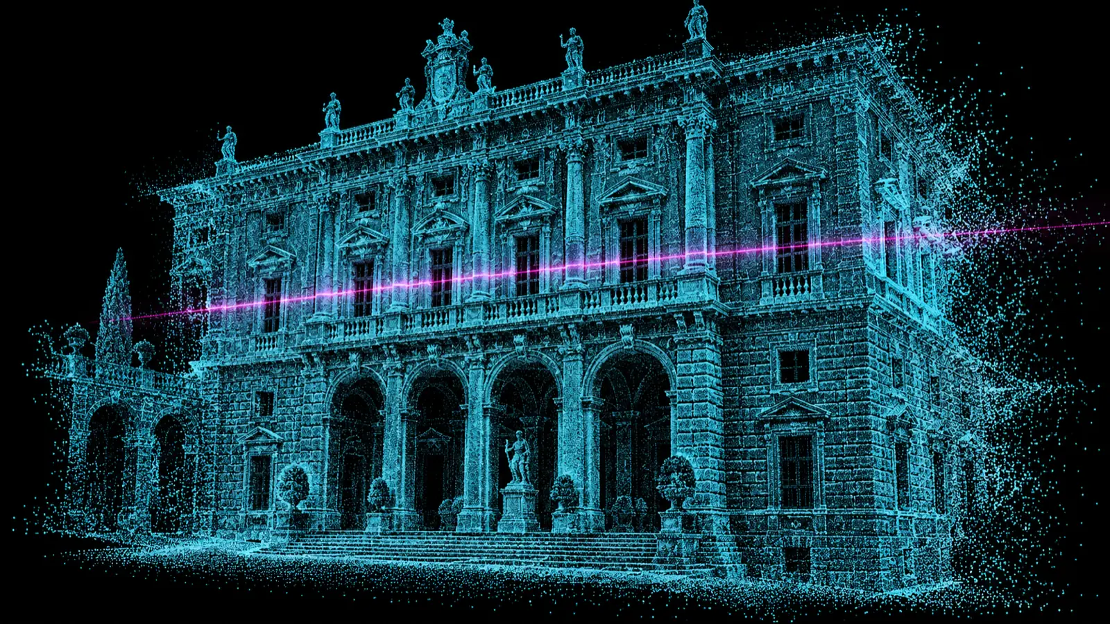 Una facciata storica ricostruita come nuvola di punti luminosi nel buio.