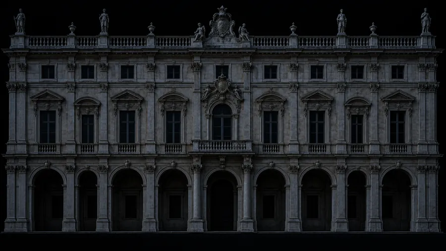 Facciata di un palazzo barocco di notte, spenta.