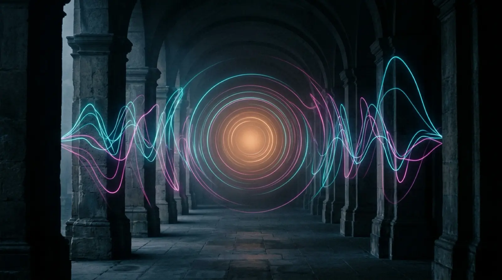 Onde concentriche di luce attraversano un colonnato immerso nella foschia.